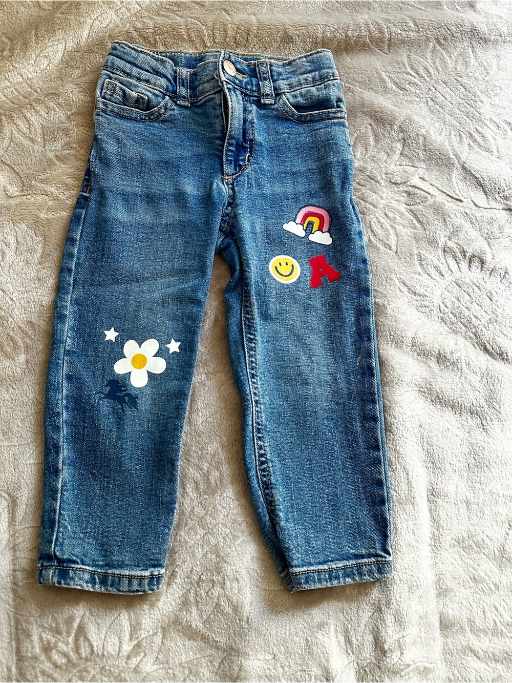 okie dokie Blue Denim Jeans with Rainbow, Red & Yellow Patches